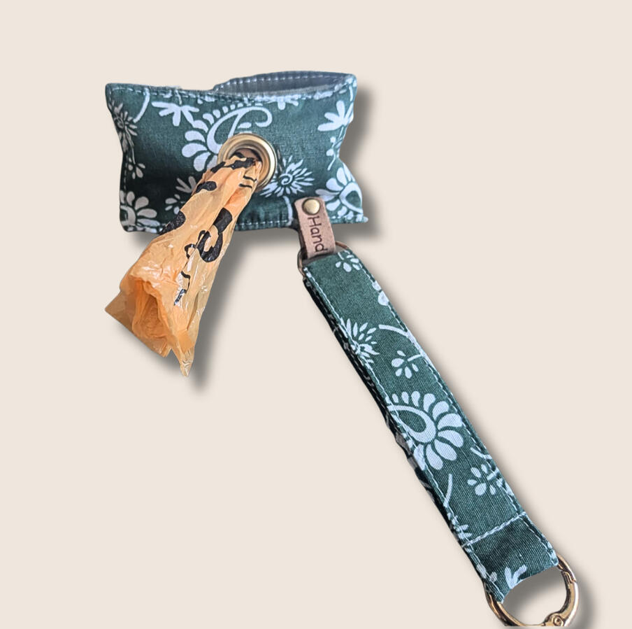 Handmade fabric poop bag dispenser with metal clip, lemon pattern patchwork, for dog walking.